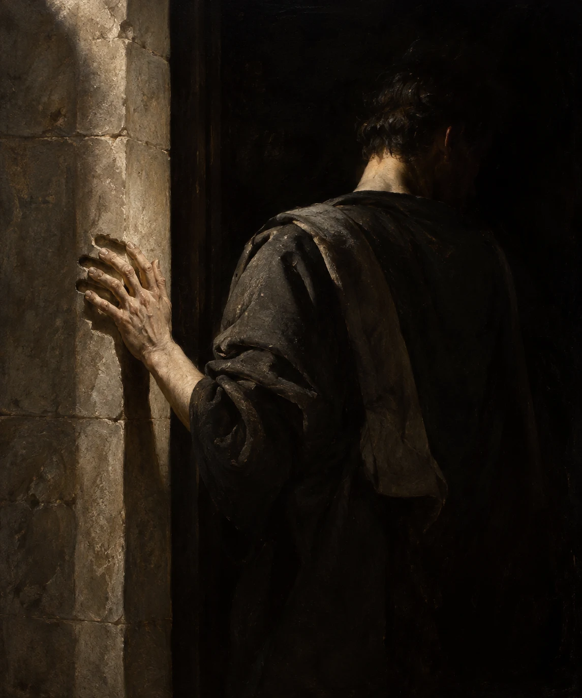 A figure passes into a dark threshold with one hand pressed to the stone jamb.
