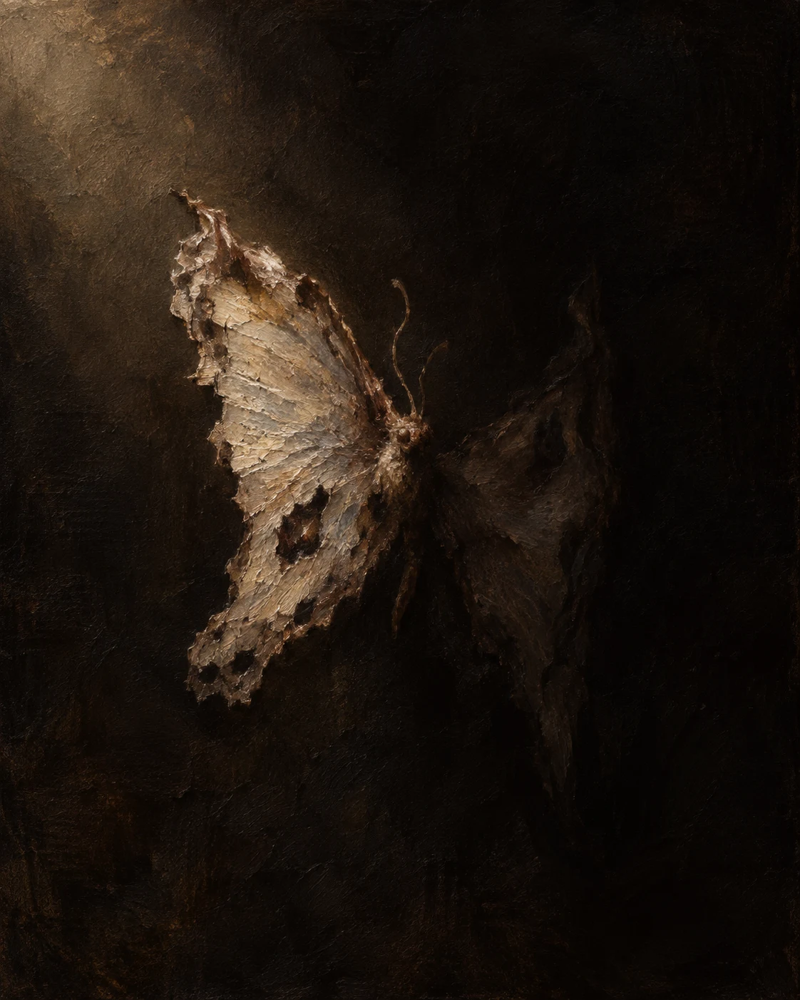 A damaged moth-like form hangs in selective light against darkness.