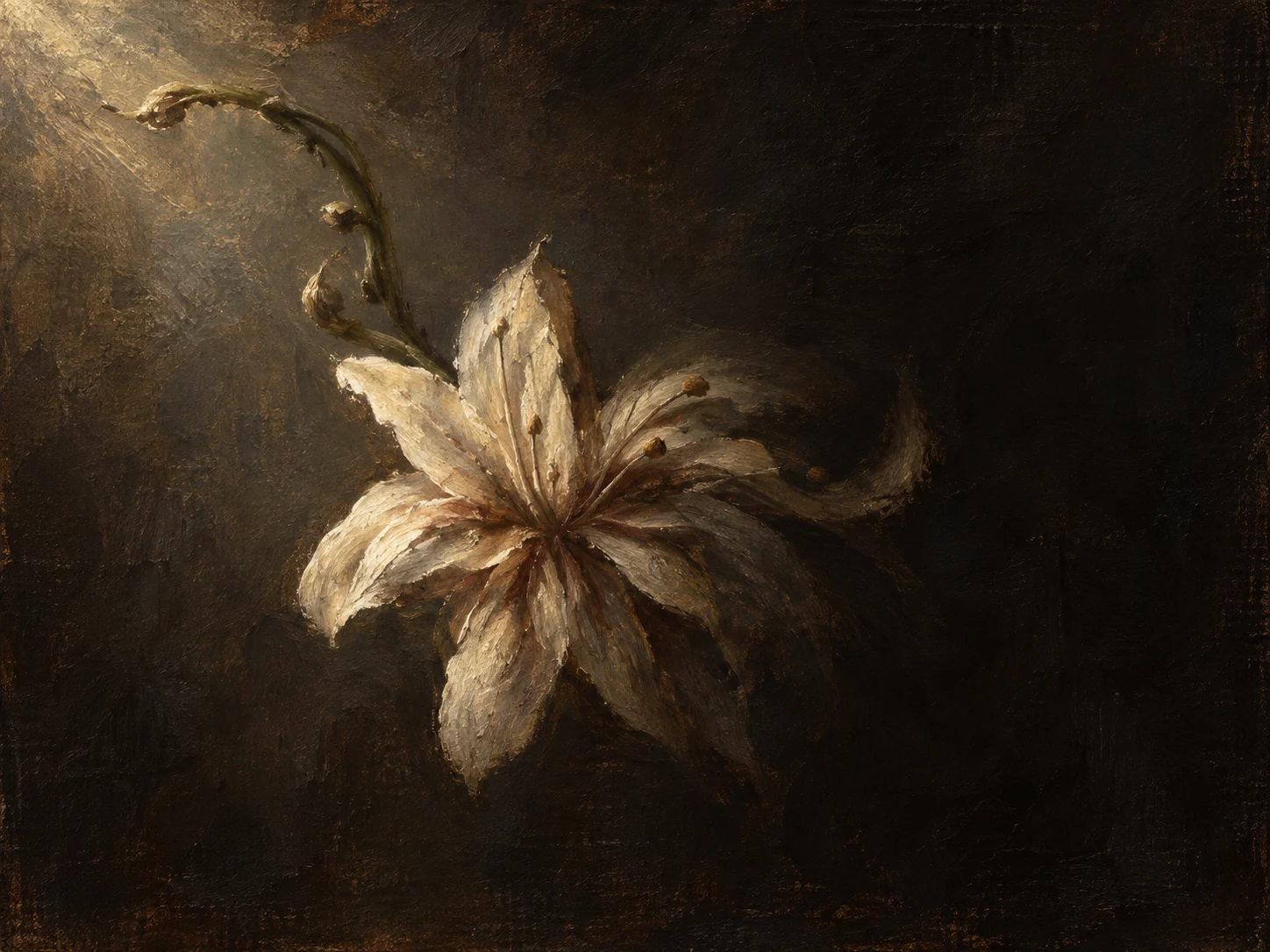 A pale flower opens and frays against a dark painterly ground.