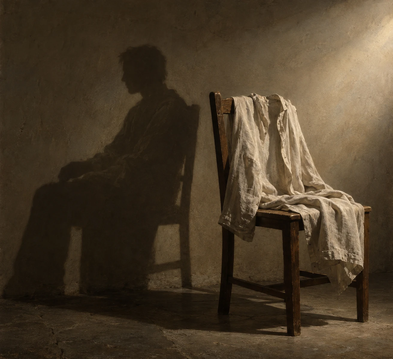 An empty garment lies on a wooden chair; the shadow beside it holds a seated human shape.